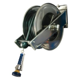 Manega enrotllable de 15 m amb aixeta ruixador, 235x533x438h, 13L/minut, inoxidable AISI 304.