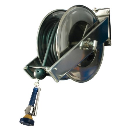 Manega enrotllable de 15 m amb aixeta ruixador, 235x533x438h, 13L/minut, inoxidable AISI 304.